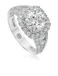 Elegant round diamond halo engagement ring with 3 row diamond band